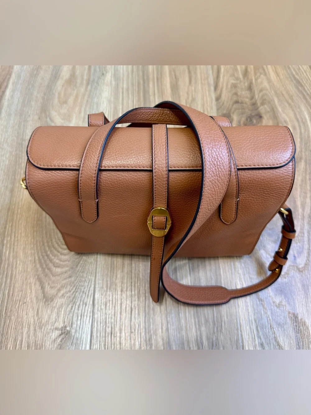 Coccinelle Authentic Italian Leather Top Handle Satchel Crossbody Bag Cognac